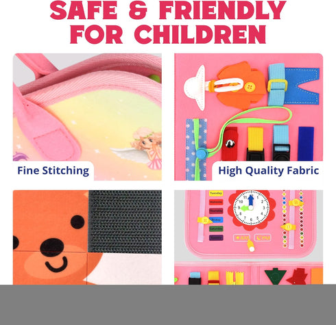 Toddler Busy Board for 1 Year Old + Busy Book for Toddlers 1-3 with 25+ Educational Activities, Airplane Travel Essentials for Kids (Pink)...