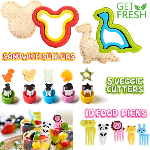 GET FRESH Sandwich Cutters and Sealers for Children – 17-pcs Stainless Steel Sandwich Sealers and Veggie Cutters for Kids – Dino Mouse Metal Bread...