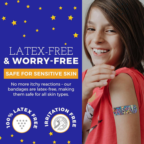 Glitter Bandages for Kids -(100 Count Box) Adhesive Bandage Strips w/Colorful Glitter Design & Latex-Free Individually Wrapped Strips for First Ai...