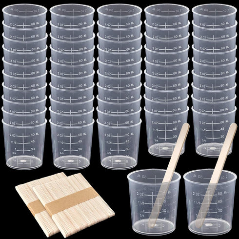 Coopay 50 Pack 60ml/2oz Plastic Graduated Cups Transparent Scale Cups Clear Epoxy Mixing Cups with 100 Pack Wooden Stirring Sticks for Resin, Epox...