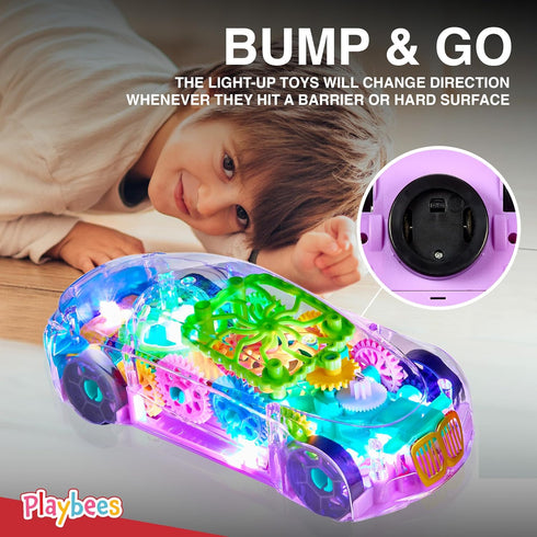 Light-Up Transparent Car Toy for Kids - 1 Pack - Bump and Go Colorful Moving Gears, Music, LED Effects - Fun Educational Toy - Great Birthday Gift...