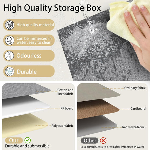Yawinhe Storage Boxes with Lids, Linen Fabric Bin, Cube Organizer Basket, Washable and Leather Handle, for Home, Closet, White/Grey, 15.0''Lx9.8''...
