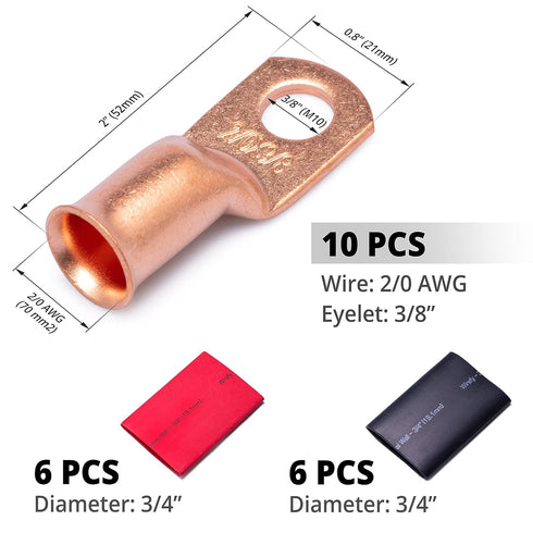 Wirefy 2/0 Gauge 3/8" Wire Lugs - Copper Cable Lugs - Battery Wire Connectors - Ring Terminals - Crimp Battery Cable Ends - 10 PCS...
