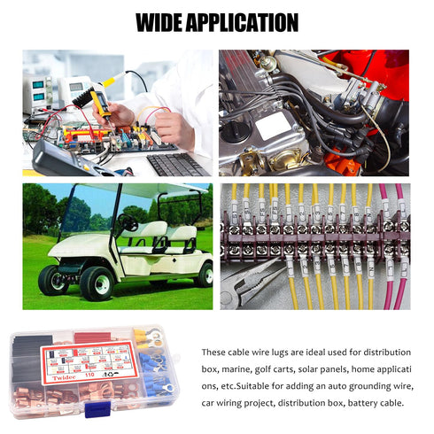 Twidec/110PCS Battery Cable Ends AWG 2 4 6 8 10 12 14 16 Gauge Copper Cable Wire Lugs,Ring Terminals Connectors,Copper Ring Terminals with Heat Sh...