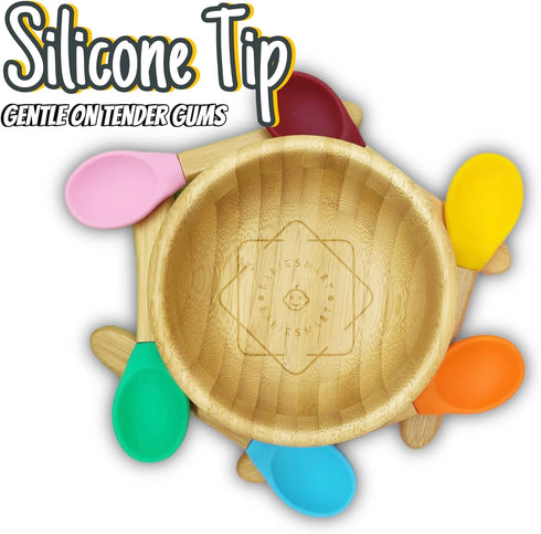 Baby Bamboo wooden Bowl and Spoon Feeding Set Removable Silicone Suction Cup for Kids / 12oz / Non-Toxic/Ideal for Baby-Led Weaning (Gray)...