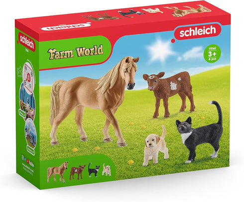 Schleich Farm World 4pc Animal Figurine Starter Playset - Educational Farm Animal Collection Starter Kit Toy with Cat, Horse, Puppy, and Calf, Dur...