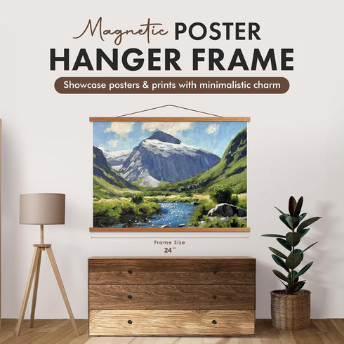 Magnetic Poster Hanger 24” Poster Frame with Strong Magnets, Complete Hanging Kit for Posters, Art, Maps, and More, Fits 24x17, 24x20, 24x36, Teak...