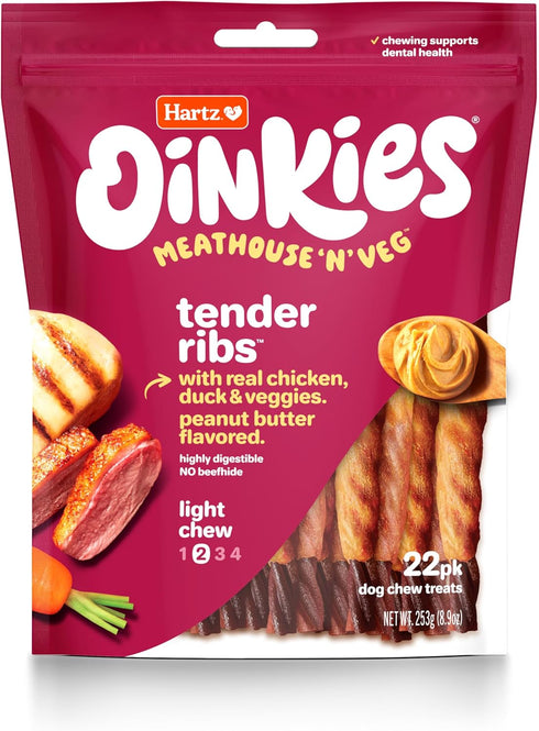Oinkies Meathouse'n'Veg Tender Ribs Dog Treats with Real Chicken, Duck, Veggies & Peanut Butter Flavor, Highly Digestible and Rawhide-Free, 22 Cou...