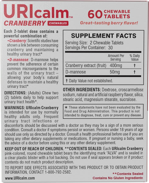 Uricalm Cranberry, Daily Dietary Supplement Chewable with D-Mannose, Berry, 60 Count...