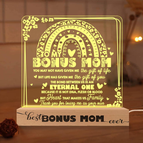 Bonus Mom 3D Illusion Lamp w Wooden Base USB Powered Acrylic Night Light, Mom Gift from Son Daughter, Lamp Present for Mother Stepmom Bonus Mom, H...