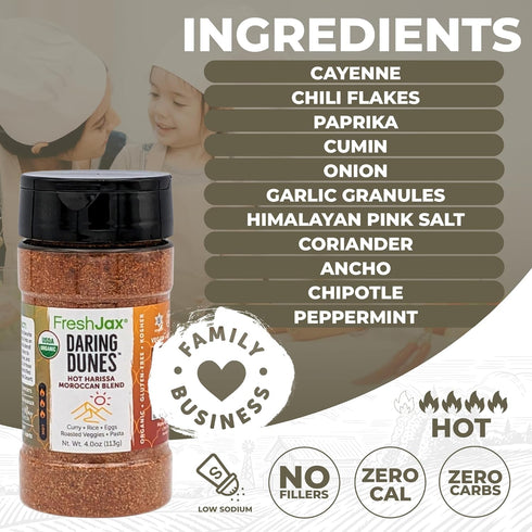 FreshJax Daring Dunes Hot Moroccan Harissa Spice Blend (4.0 oz Large Bottle) Non GMO, Gluten Free, Keto, Paleo, No Preservatives Harissa Seasoning...