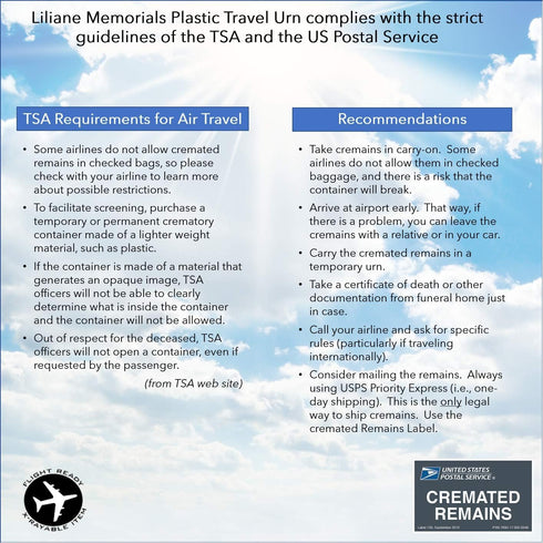 Airline safe plastic temporary travel cremation urn for human ashes, TSA approved for airplane air travel, full size adult 200 cubic inches, Funer...
