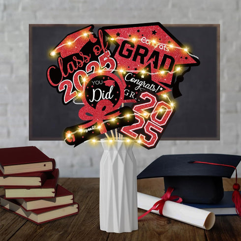Graduation Decorations Class of 2025-36pcs Red and Black Graduation Table Centerpieces Sticks Table Toppers with Lights for College High School Co...