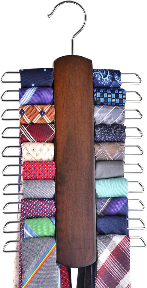 Umo Lorenzo Premium Wooden Necktie and Belt Hanger, Walnut Wood Center Organizer and Storage Rack with a Non-Slip Finish - 20 Hooks (Wooden)…...