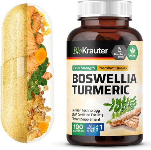 BIO KRAUTER Turmeric Supplement with Boswellia Extract Capsules - 2000 mg Blend - 100 Count - Vegan Boswellia Turmeric (Curcumin) - Formula w/Blac...