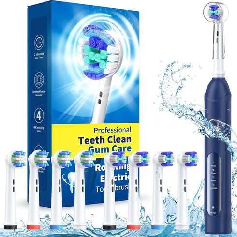 Rotating Electric Toothbrush for Adults with 8 Brush Heads (2 Types), 4 Modes Deep Clean Electric Toothbrush with Rechargeable Power and 2 Min Sma...