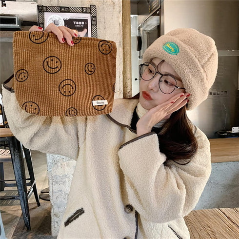 Gardsell 3Pcs Smile Corduroy Cosmetic Bag Makeup Bag Aesthetic Preppy Makeup Bags for Women Girls Corduroy Toiletry Pouch Travel Bags Washable Ski...