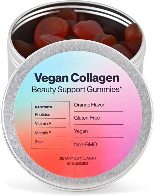Vegan Beauty Support Gummies Collagen Booster with Biotin, Vitamin C, A, E, Folic Acid, and More - 60 Gummies - Plastic-Free Tin - Made with Natur...