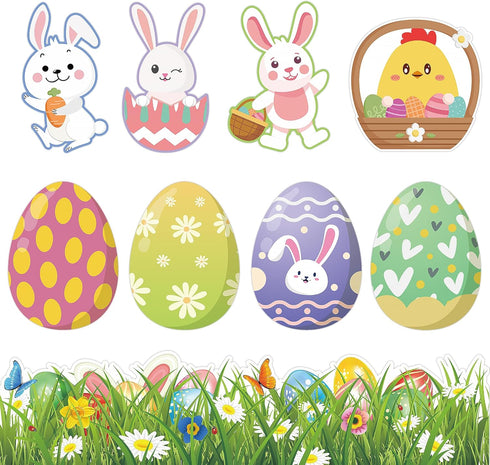 72 PCS Easter Cutouts for Bulletin Board Decoration, Easter Egg Bunny Rabbits Paper Cutouts Grass Border for Easter Spring Party Home Office Schoo...