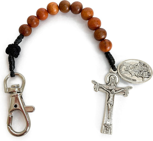 Catholic Prayer Pocket Rosary Holy Trinity Crucifix Saint Michael the Archangel Medal Corded Rosary Keychain Wooden Beads Tenner Open Style One De...