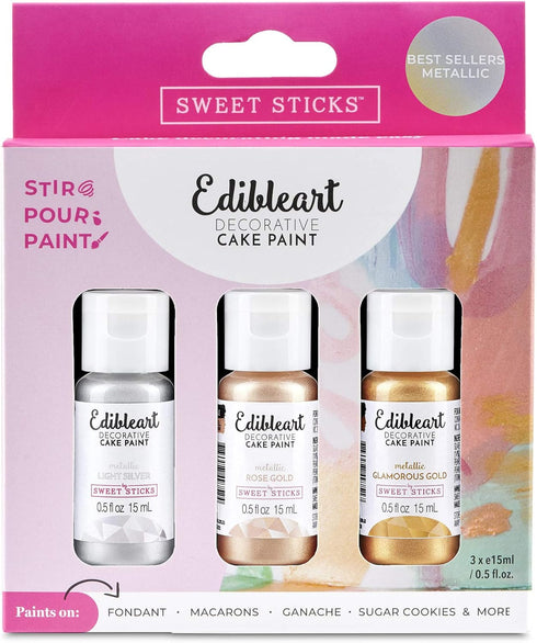Sweet Sticks Edible Art Decorative Cake Paint 0.5 Ounce (15 Milliliters), 3-Metallic-Color Set...