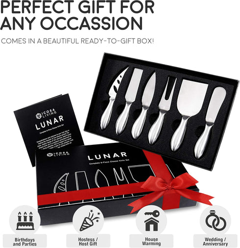 Lunar 6-Piece Cheese Knife Set - Premium Stainless Steel Cheese Knives Collection - Charcuterie Board Accessories Gift Ready w/ 15 Festive Recipes...