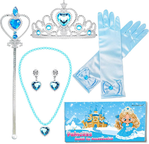 Boxed Princess Dress Up Accessories, Set of 6 Elsa Dress Up Set for Toddler Girls Kids Girls with Elsa Crown,Wand,Gloves,Necklace,Earrings,Bracele...