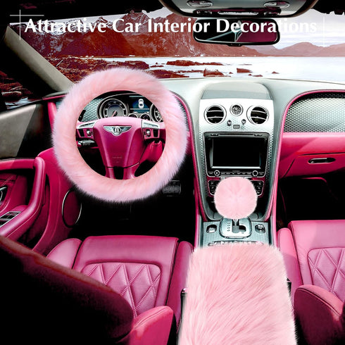 6 Pieces Fluffy Steering Wheel Covers Winter Wool Fur Handbrake Cover Warm Gear Steering Wheel Cover Console Seat Belt Shoulder Pads Accessories F...