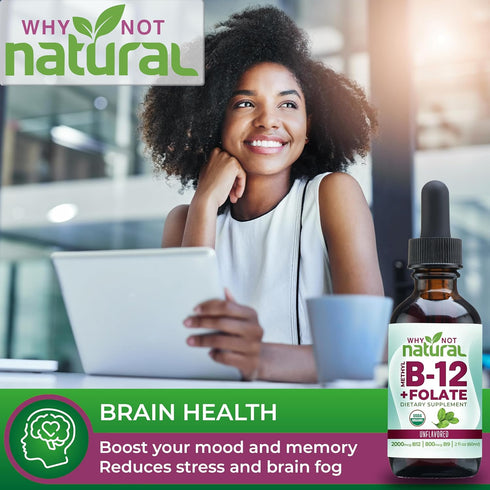 Why Not Natural Vitamin B12 Liquid Plus Folate - Organic Sublingual Extra Strength Vegan drops - Methyl B12 and Folinic Supplement...