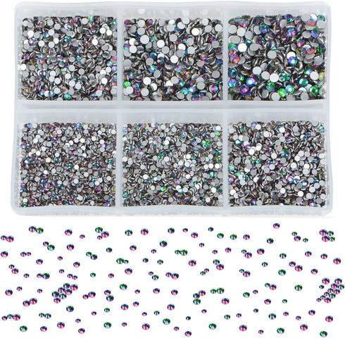 Bymitel 7200 Pieces 6 Mixed Sizes Glue Fix on Glass Rhinestones Round Crystal Gems Flatback for DIY Jewelry Making with one Picking Pen(6-Sizes 72...