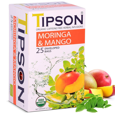 Tipson Organic Moringa Caffeine Free Herbal Tea - Mango Flavor - 25 Premium Double Chambered Bags -Superfood Tea - Keto/Paleo Diet Compatible...
