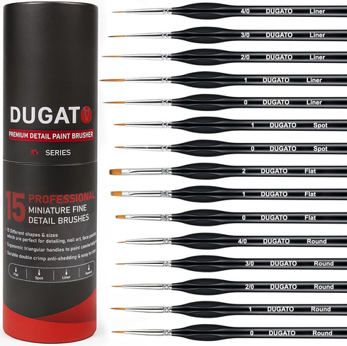 DUGATO Fine Detail Paint Brush Set (15pc) - Miniature Brushes with Ergonomic Triangular Handles & Travel Case for Acrylic, Watercolor, Oil, Models...