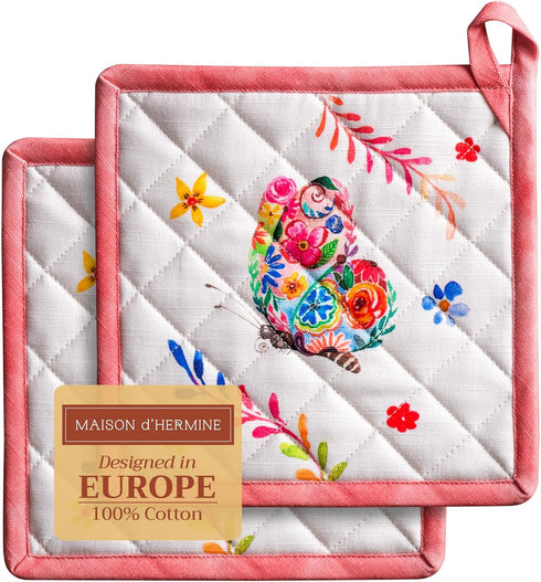 Maison d' Hermine Pot Holders Set 100% Cotton Heat Resistant Potholders 8" x 8" Hot Pads with Loop Cooking, Grilling, Kitchen, Handling Hot Pans S...