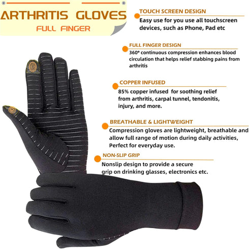 Copper Compression Gloves for Arthritis & Hand Pain Relief – Full Finger Copper Infused Gloves for Men & Women – Support for Carpal Tunnel, Tendon...
