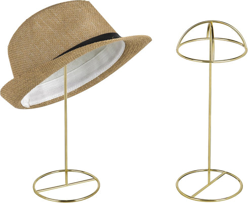 MyGift Set of 2 Brass Tone Metal Wire Table Standing Hat Racks with Round Dome Holder, 14 Inch Tall Tabletop Wig Display Cap Storage Stands Home R...