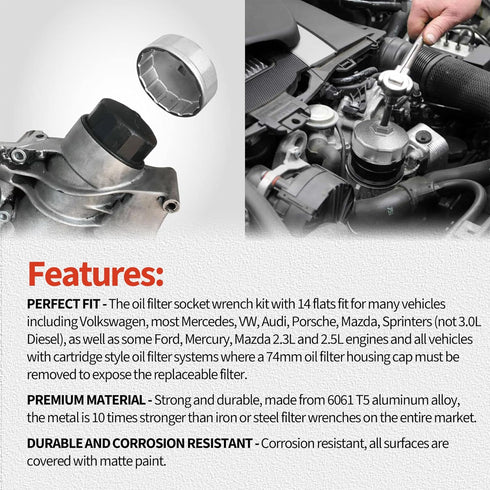 74mm Heavy Duty Oil Filter Wrench,Compatible with Volkswagen,Compatible with Mercedes Benz,Compatible with Audi,Compatible with Porsche,Compatible...