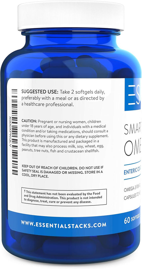 Essential Stacks Smart Omega 3 - Burpless Fish Oil - 1400mg EPA DHA Per Serving, Enteric Coated (60 Capsules)...