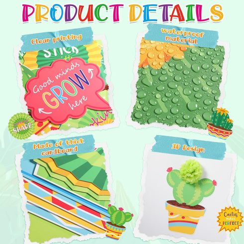 66 Pieces Cactus Classroom Decor When We Learn We Grow Bulletin Board Decorations Set Cactus Cutouts Tissue Paper Pompoms for Kindergarten Element...