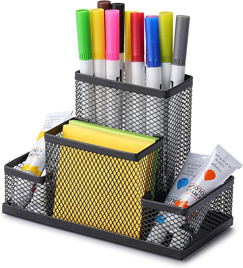 Huron Pen Holder and Desk Organizer, 4 Compartment Black Steel Mesh...