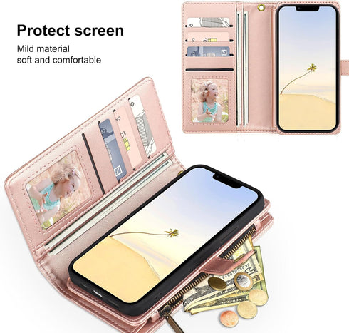 for iPhone 13 Case Leather Wallet with Card Holder, Magnetic Closure Full Shockproof Protection Drop Absorption Heavy Duty Phone Cover with Card S...