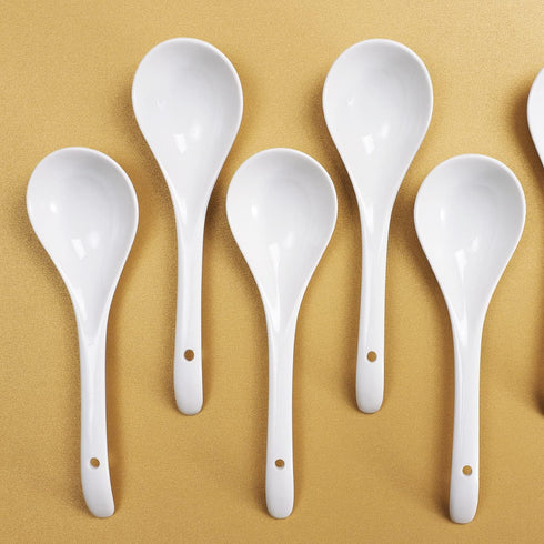 Porcelain Mini Size Ladles, 9 inch Large Soup Spoons, 6 Pieces Premium White Porcelain Spoons, Ladles for Stews, Chinese Noodles Spoons, Long Ladl...