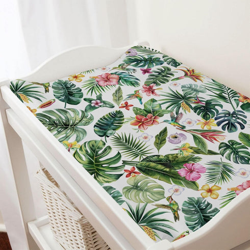 Green Tropical Leaves Floral Hummingbirds Changing Pad Covers Rainforest Monstera Leaves Diaper Changing Table Sheets for Boy Girl Soft Breathable...