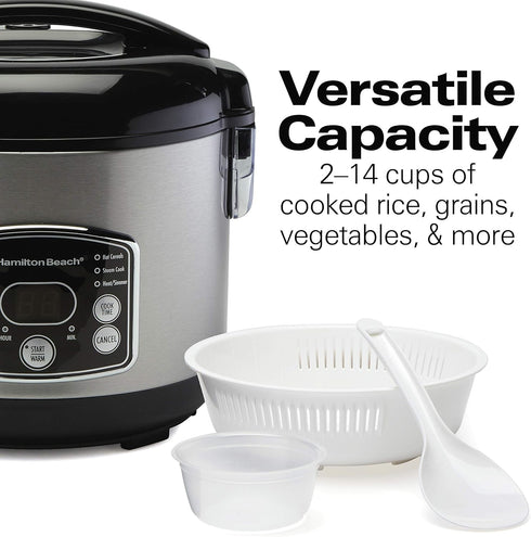 Hamilton Beach Digital Programmable Rice Cooker & Food Steamer, 14 Cups Cooked (7 Uncooked) With Steam & Rinse Basket, Stainless Steel (37548)...