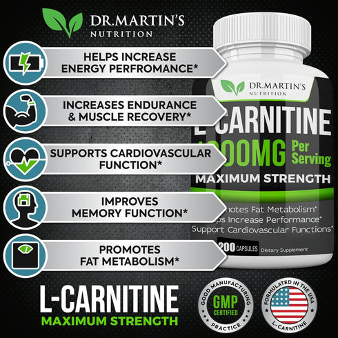 DR. MARTIN'S NUTRITION Extra Strength L-Carnitine - 200 Capsules - 1000mg Per Serving - Boost Your Metabolism and Increase Performance...