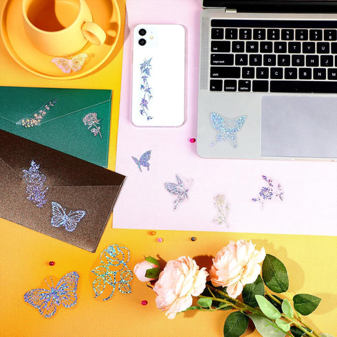 Suclain 180 Pcs Holographic Glitter Butterfly Sticker Set Waterproof Plant Decorative Flower Decal Glitter Adhesive Sticker for Scrapbooking Journ...