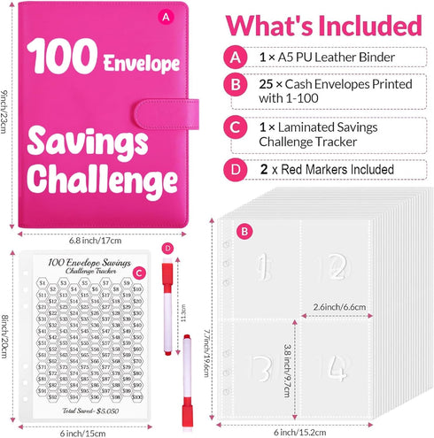 ISRAR™ 100 envelopes money saving challenge binder, Pre-Numbered Envelopes, 2 Erasable Red Markers, A5 Money Saving Book, Save 5050$ With This Mon...