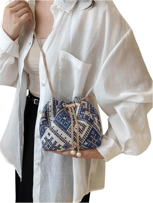 Verdusa Mini Plaid Print Drawstring Tote Bags Casual Handbags Retro Handbag...