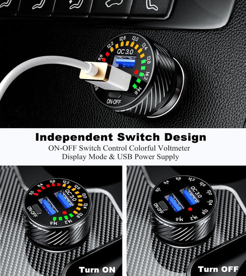 BARCOVAN Car Charger, Dual QC3.0 Port USB Car Charger Adapter, 36W 3A Fast Charge Car Phone Charger with Colorful Voltmeter & ON/Off Switch...