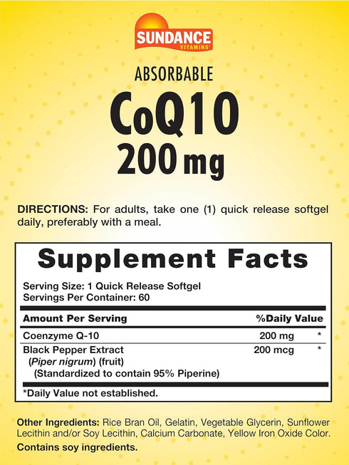 CoQ10 200mg | 60 Quick Release Softgels | with Black Pepper Extract | Non-GMO and Gluten Free Supplement | by Sundance...
