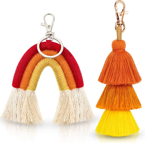 Hicarer 2 Pieces Boho Rainbow Keychains Pom Pom Tassel Macrame Keychains for Women Girls...